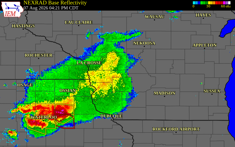 Radar snapshot during the Aug 7, 2026 wind event near Adams County, Adams County, Wisconsin, with NWS warning polygons