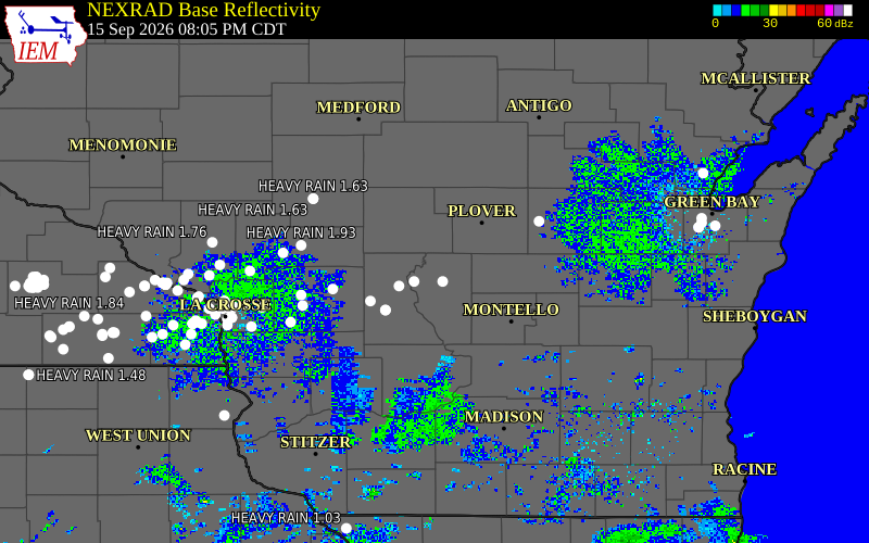 Current NEXRAD radar over Adams County, Wisconsin with recent storm report locations