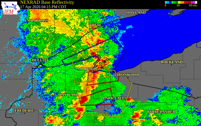 NEXRAD radar during the Friday, April 17, 2026 storm activity in Ashland County, Wisconsin