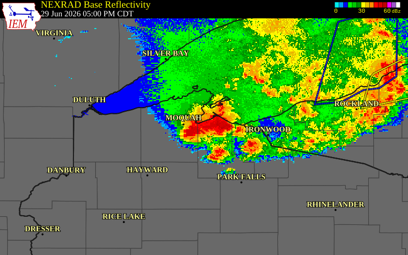 NEXRAD radar during the Monday, June 29, 2026 storm activity in Ashland County, Wisconsin