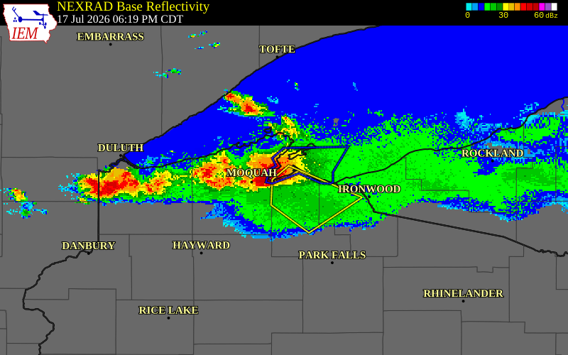 NEXRAD radar during the Friday, July 17, 2026 storm activity in Ashland County, Wisconsin