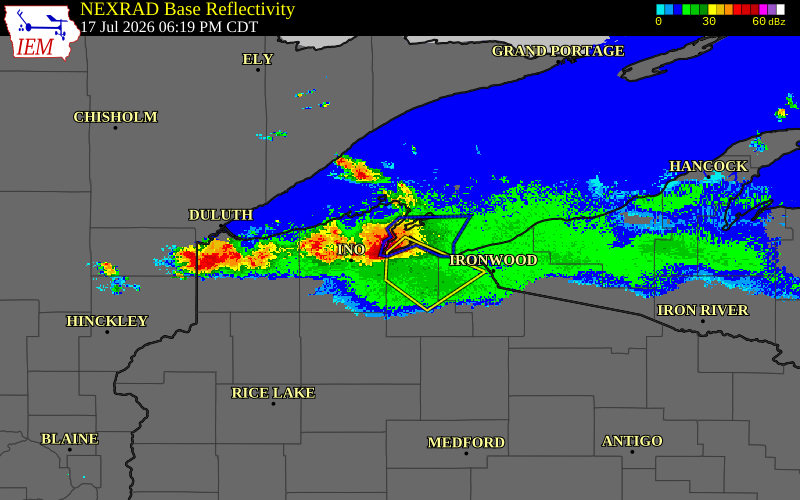 Radar snapshot during the Jul 17, 2026 wind event near 3 NE Ashland, Ashland County, Wisconsin, with NWS warning polygons