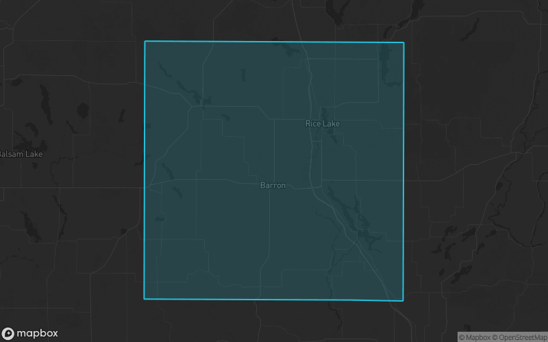 Map of Barron County, Wisconsin showing the county boundary and surrounding cities