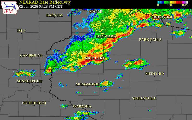 NEXRAD radar during the Friday, June 5, 2026 storm activity in Barron County, Wisconsin