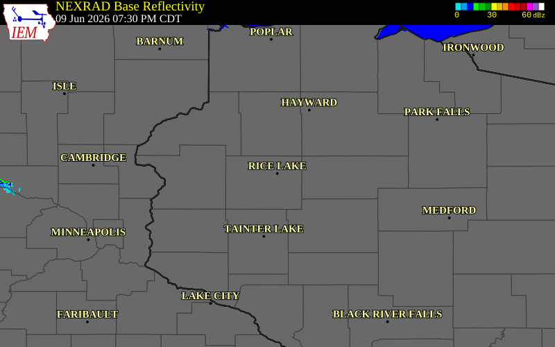 NEXRAD radar during the Tuesday, June 9, 2026 storm activity in Barron County, Wisconsin