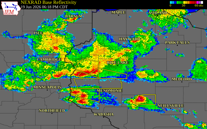 NEXRAD radar during the Friday, June 19, 2026 storm activity in Barron County, Wisconsin