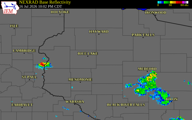 NEXRAD radar during the Thursday, July 16, 2026 storm activity in Barron County, Wisconsin