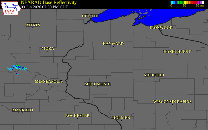 Radar snapshot during the Jun 9, 2026 hail event near Rice Lake, Barron County, Wisconsin, with NWS warning polygons