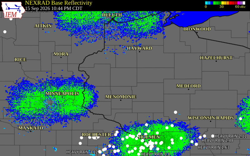 Current NEXRAD radar over Barron County, Wisconsin with recent storm report locations