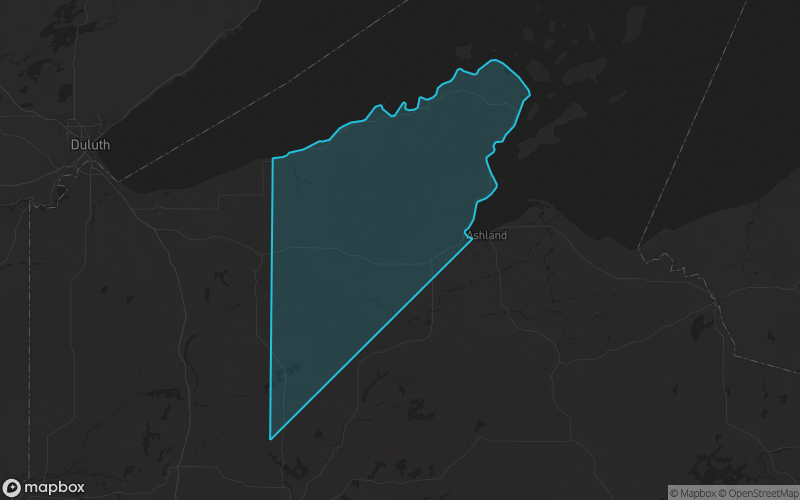 Map of Bayfield County, Wisconsin showing the county boundary and surrounding cities