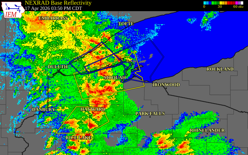 NEXRAD radar during the Friday, April 17, 2026 storm activity in Bayfield County, Wisconsin