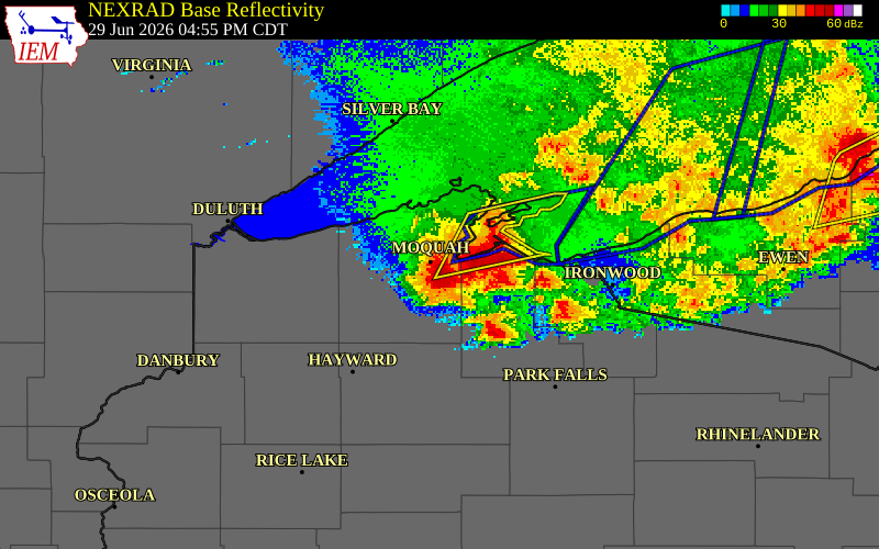 NEXRAD radar during the Monday, June 29, 2026 storm activity in Bayfield County, Wisconsin