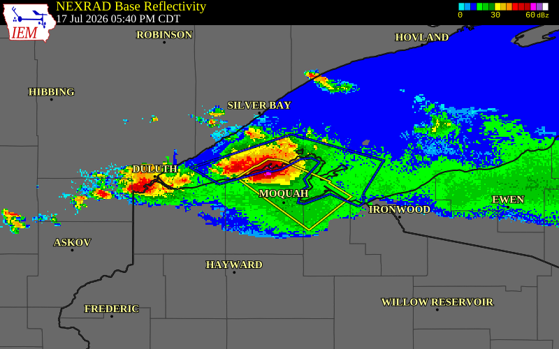 NEXRAD radar during the Friday, July 17, 2026 storm activity in Bayfield County, Wisconsin