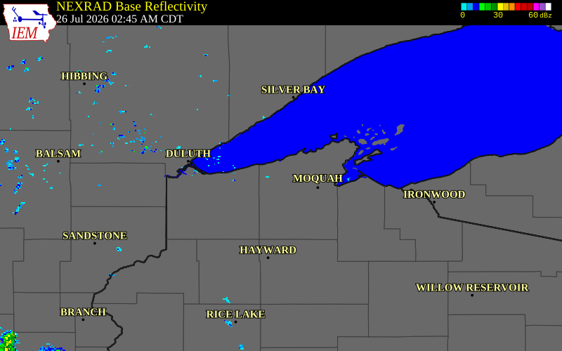 NEXRAD radar during the Sunday, July 26, 2026 storm activity in Bayfield County, Wisconsin