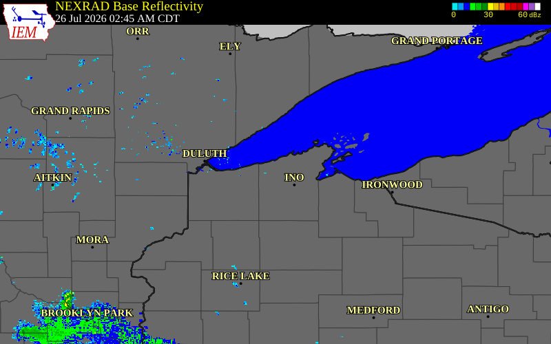 Radar snapshot during the Jul 26, 2026 hail event near 7 S Port Wing, Bayfield County, Wisconsin, with NWS warning polygons