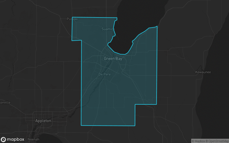 Map of Brown County, Wisconsin showing the county boundary and surrounding cities