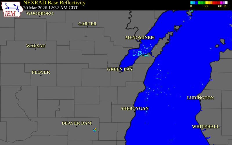 NEXRAD radar during the Monday, March 30, 2026 storm activity in Brown County, Wisconsin