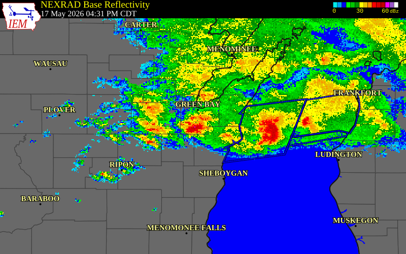 NEXRAD radar during the Sunday, May 17, 2026 storm activity in Brown County, Wisconsin