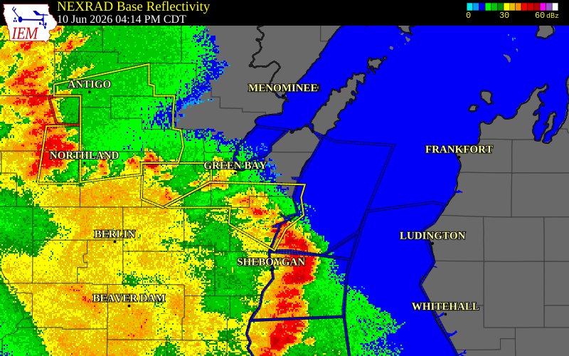 NEXRAD radar during the Wednesday, June 10, 2026 storm activity in Brown County, Wisconsin