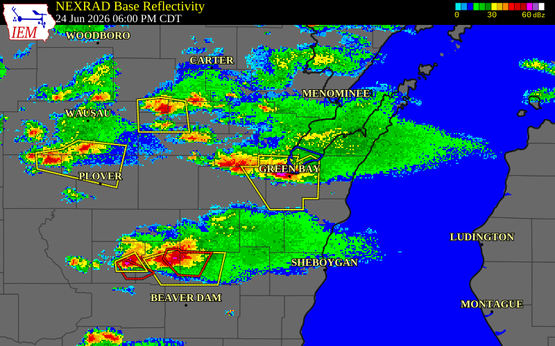 NEXRAD radar during the Wednesday, June 24, 2026 storm activity in Brown County, Wisconsin