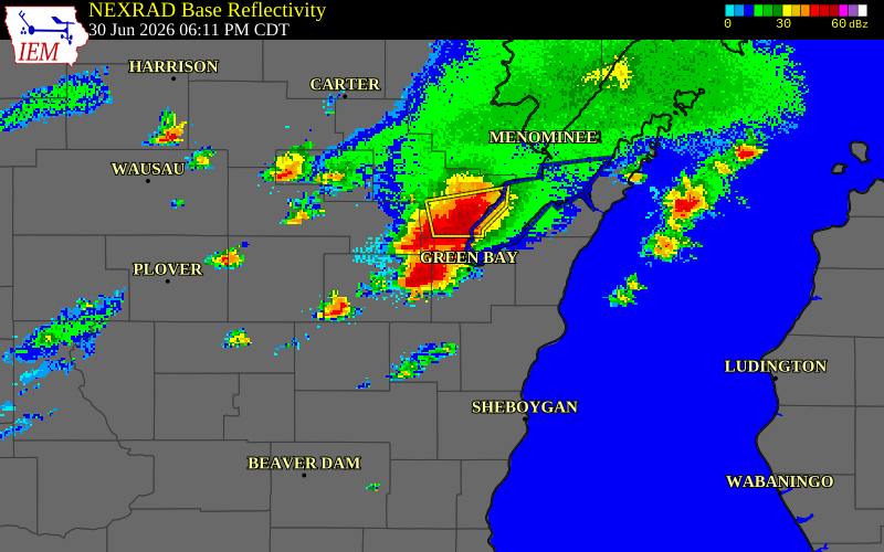 NEXRAD radar during the Tuesday, June 30, 2026 storm activity in Brown County, Wisconsin