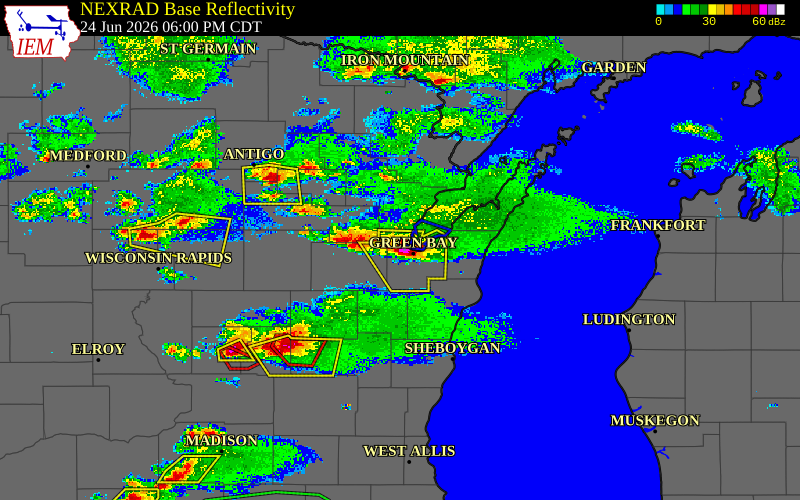 Radar snapshot during the Jun 24, 2026 hail event near 2 SW Howard, Brown County, Wisconsin, with NWS warning polygons