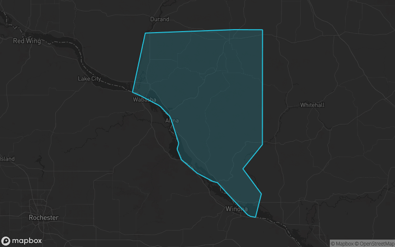 Map of Buffalo County, Wisconsin showing the county boundary and surrounding cities
