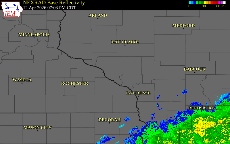 NEXRAD radar during the Sunday, April 12, 2026 storm activity in Buffalo County, Wisconsin