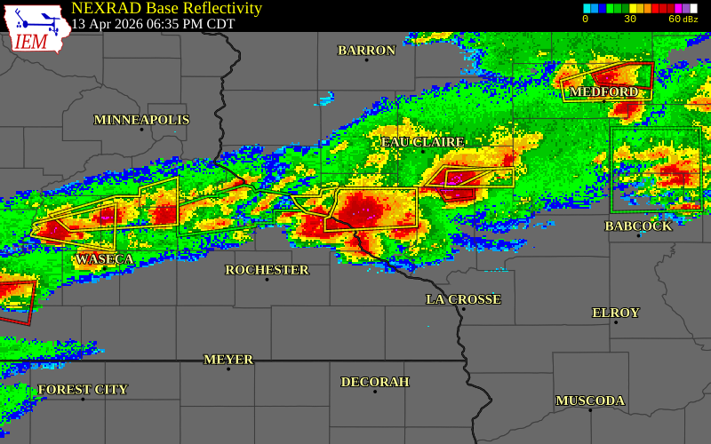 NEXRAD radar during the Monday, April 13, 2026 storm activity in Buffalo County, Wisconsin