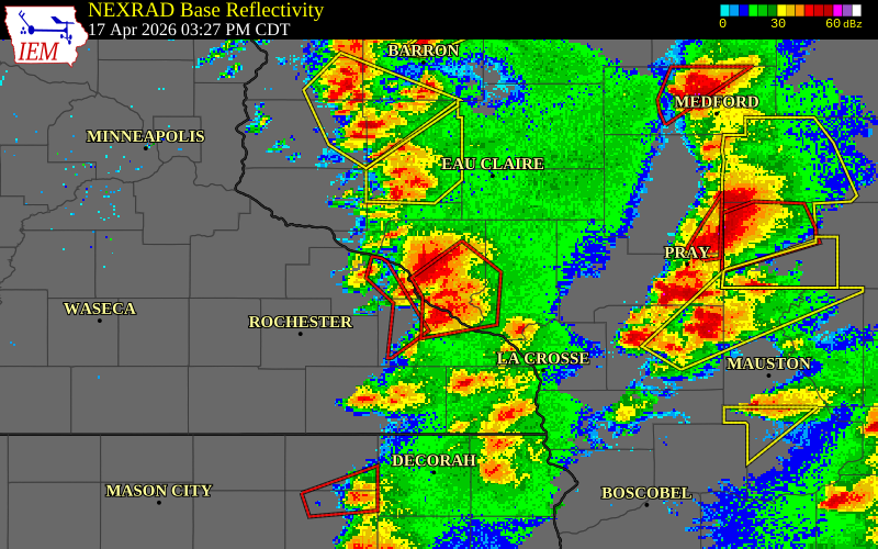 NEXRAD radar during the Friday, April 17, 2026 storm activity in Buffalo County, Wisconsin