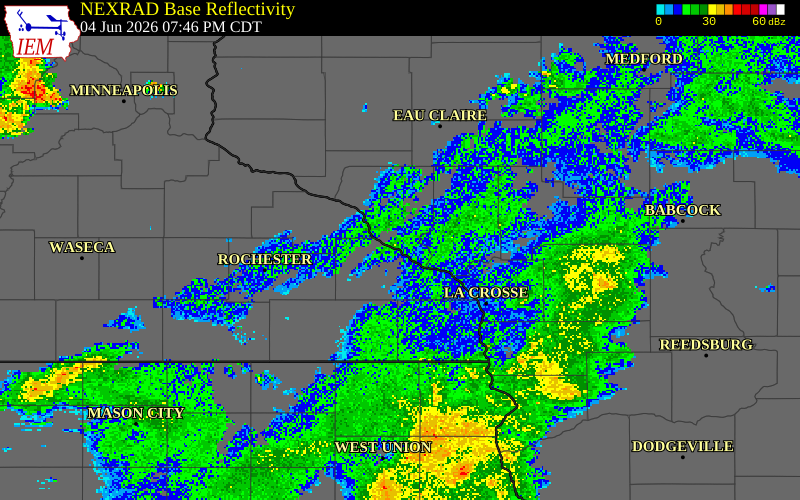 NEXRAD radar during the Thursday, June 4, 2026 storm activity in Buffalo County, Wisconsin