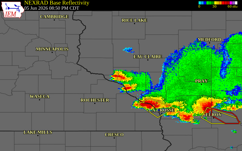 NEXRAD radar during the Friday, June 5, 2026 storm activity in Buffalo County, Wisconsin