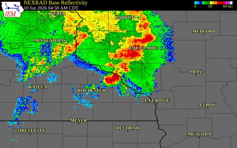 NEXRAD radar during the Wednesday, June 10, 2026 storm activity in Buffalo County, Wisconsin