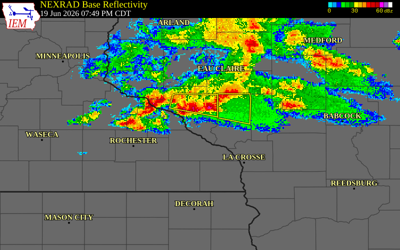 NEXRAD radar during the Friday, June 19, 2026 storm activity in Buffalo County, Wisconsin