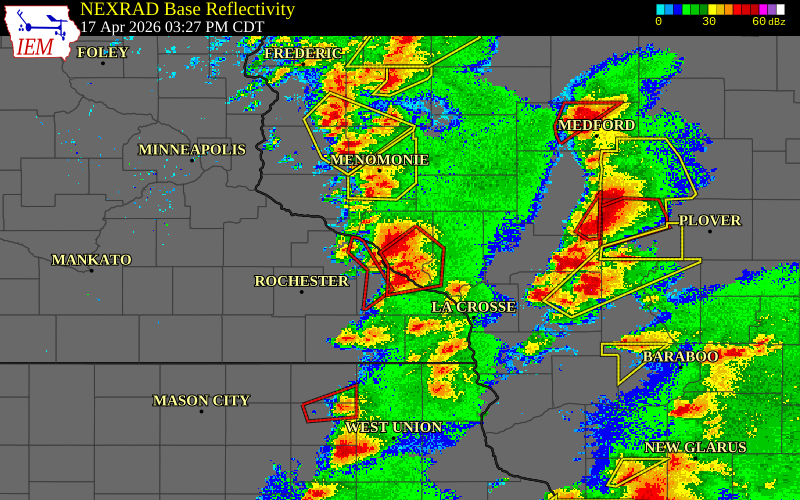 Radar snapshot during the Apr 17, 2026 tornado event near Cream, Buffalo County, Wisconsin, with NWS warning polygons