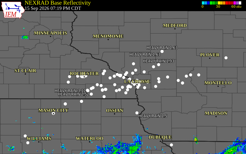 Current NEXRAD radar over Buffalo County, Wisconsin with recent storm report locations