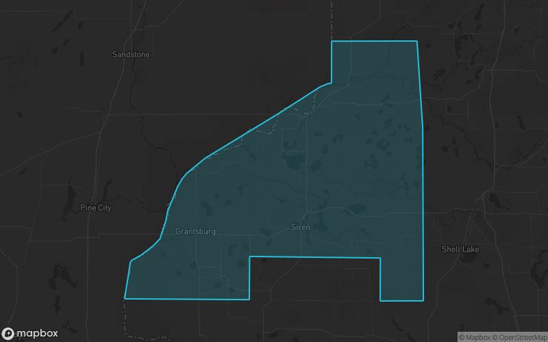 Map of Burnett County, Wisconsin showing the county boundary and surrounding cities