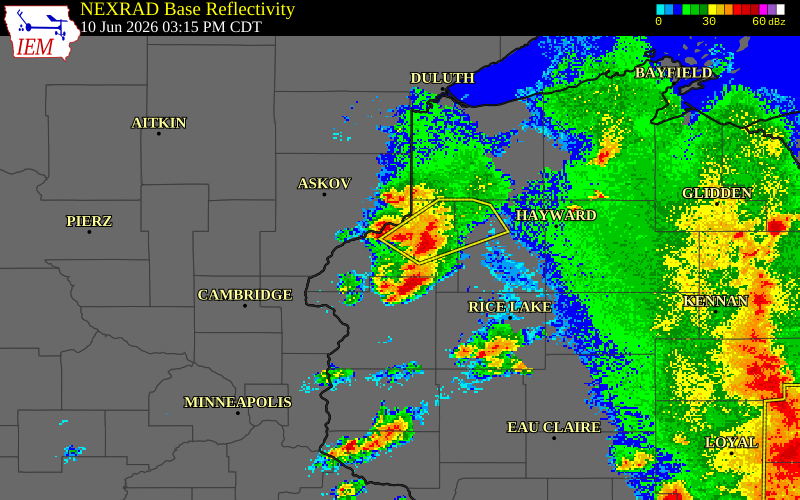 NEXRAD radar during the Wednesday, June 10, 2026 storm activity in Burnett County, Wisconsin