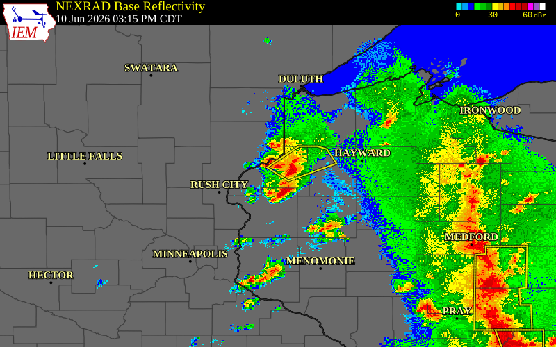 Radar snapshot during the Jun 10, 2026 wind event near Webster, Burnett County, Wisconsin, with NWS warning polygons