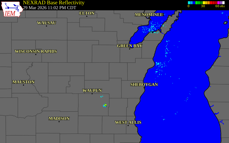 NEXRAD radar during the Sunday, March 29, 2026 storm activity in Calumet County, Wisconsin