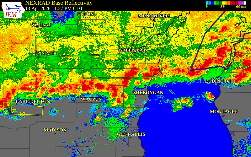 NEXRAD radar during the Monday, April 13, 2026 storm activity in Calumet County, Wisconsin