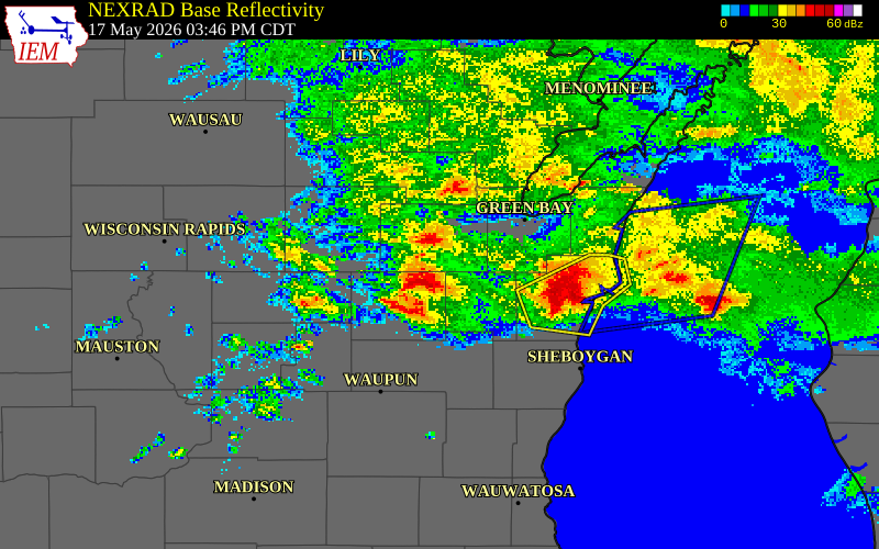 NEXRAD radar during the Sunday, May 17, 2026 storm activity in Calumet County, Wisconsin
