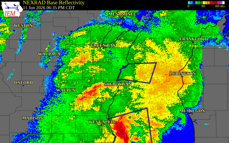 NEXRAD radar during the Thursday, June 11, 2026 storm activity in Calumet County, Wisconsin