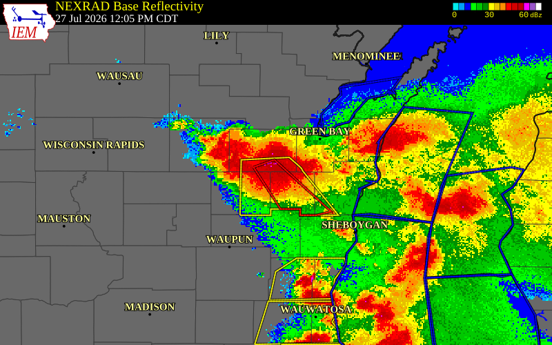 NEXRAD radar during the Monday, July 27, 2026 storm activity in Calumet County, Wisconsin