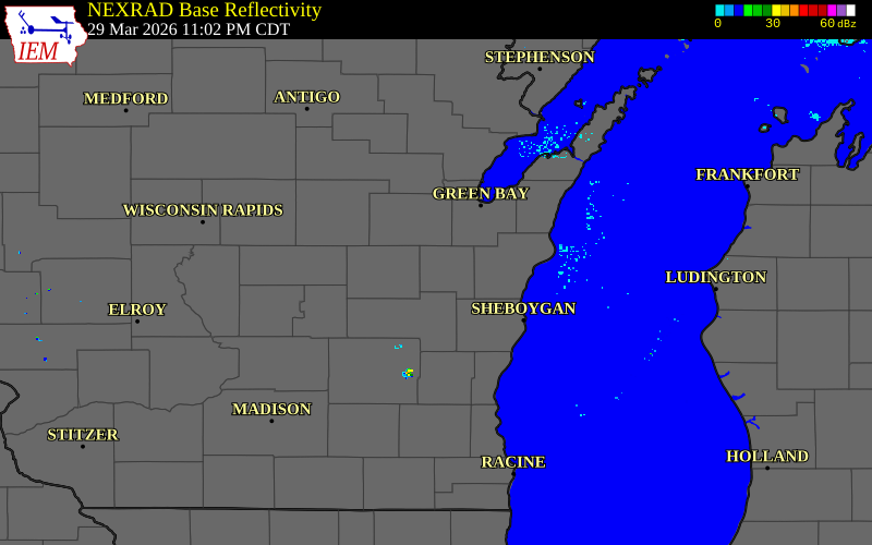 Radar snapshot during the Mar 29, 2026 hail event near 1 N Stockbridge, Calumet County, Wisconsin, with NWS warning polygons