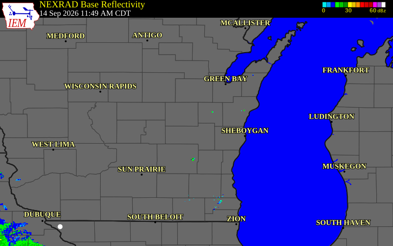 Current NEXRAD radar over Calumet County, Wisconsin with recent storm report locations