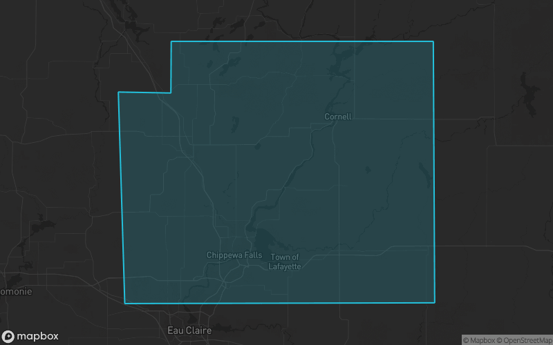 Map of Chippewa County, Wisconsin showing the county boundary and surrounding cities
