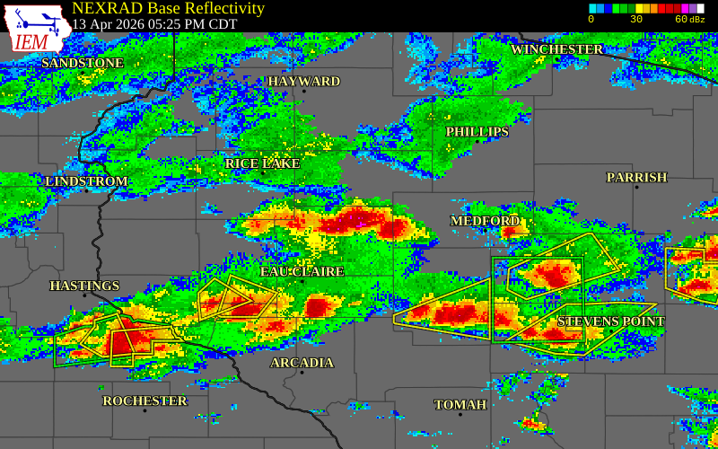 NEXRAD radar during the Monday, April 13, 2026 storm activity in Chippewa County, Wisconsin