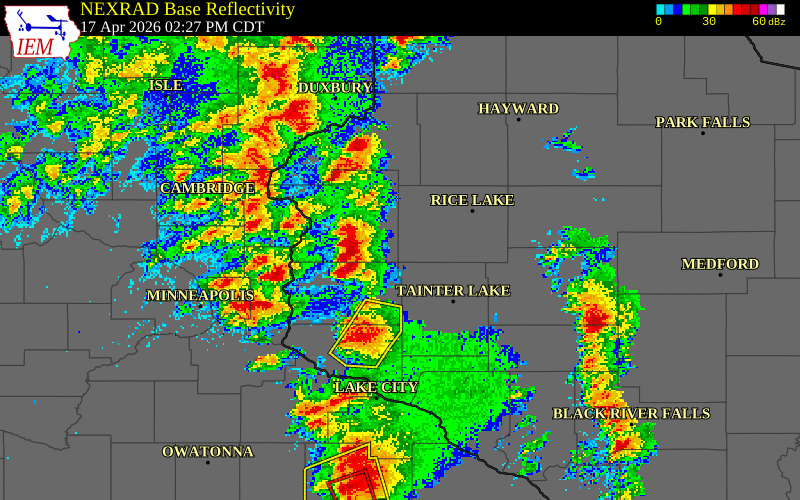 NEXRAD radar during the Friday, April 17, 2026 storm activity in Chippewa County, Wisconsin