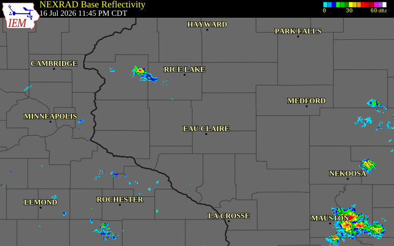NEXRAD radar during the Thursday, July 16, 2026 storm activity in Chippewa County, Wisconsin